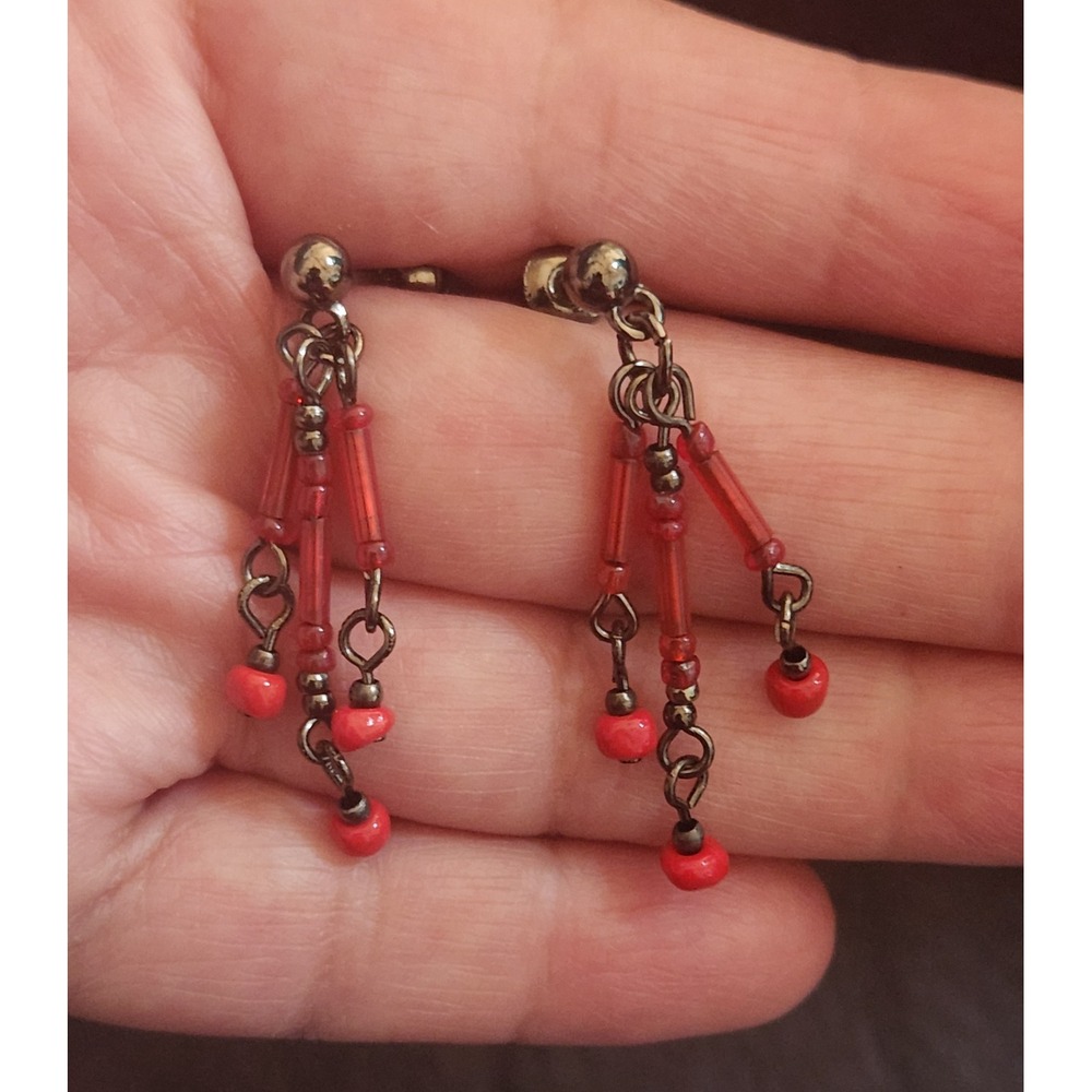 Vintage Red Glass Coral Bead Multi Strand Dangle Earrings Gunmetal Tiered Boho